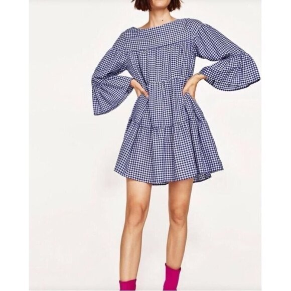 Zara Dress Womens Medium Blue Gingham Tiered Bell Sleeve Cottagecore Feminine - Picture 1 of 7